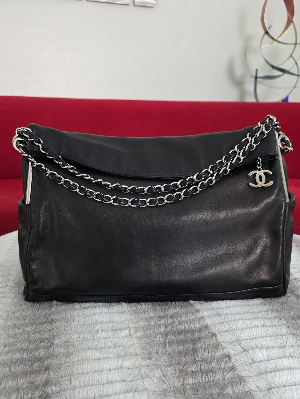 CHANEL Black Lambskin Leather Messenger Bag